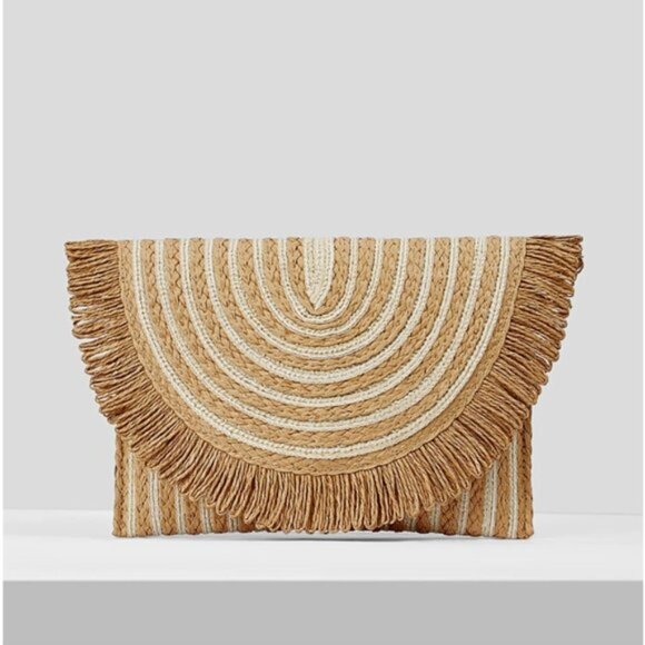 Clutch Fringe Trim Flap Straw Bag - Picture 3 of 7